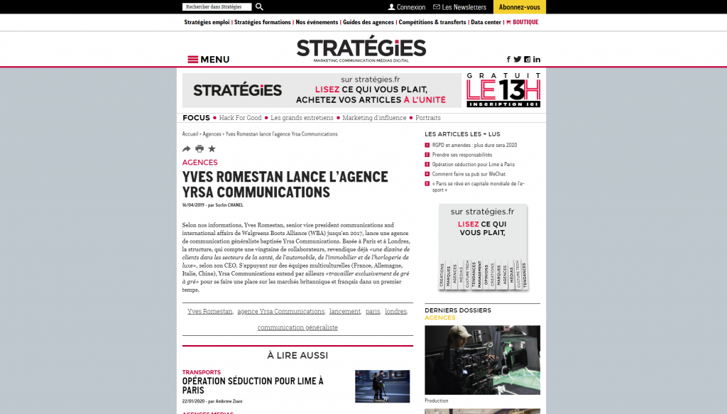 Stratégies présente la création d'YRSA Communications par Yves Romestan